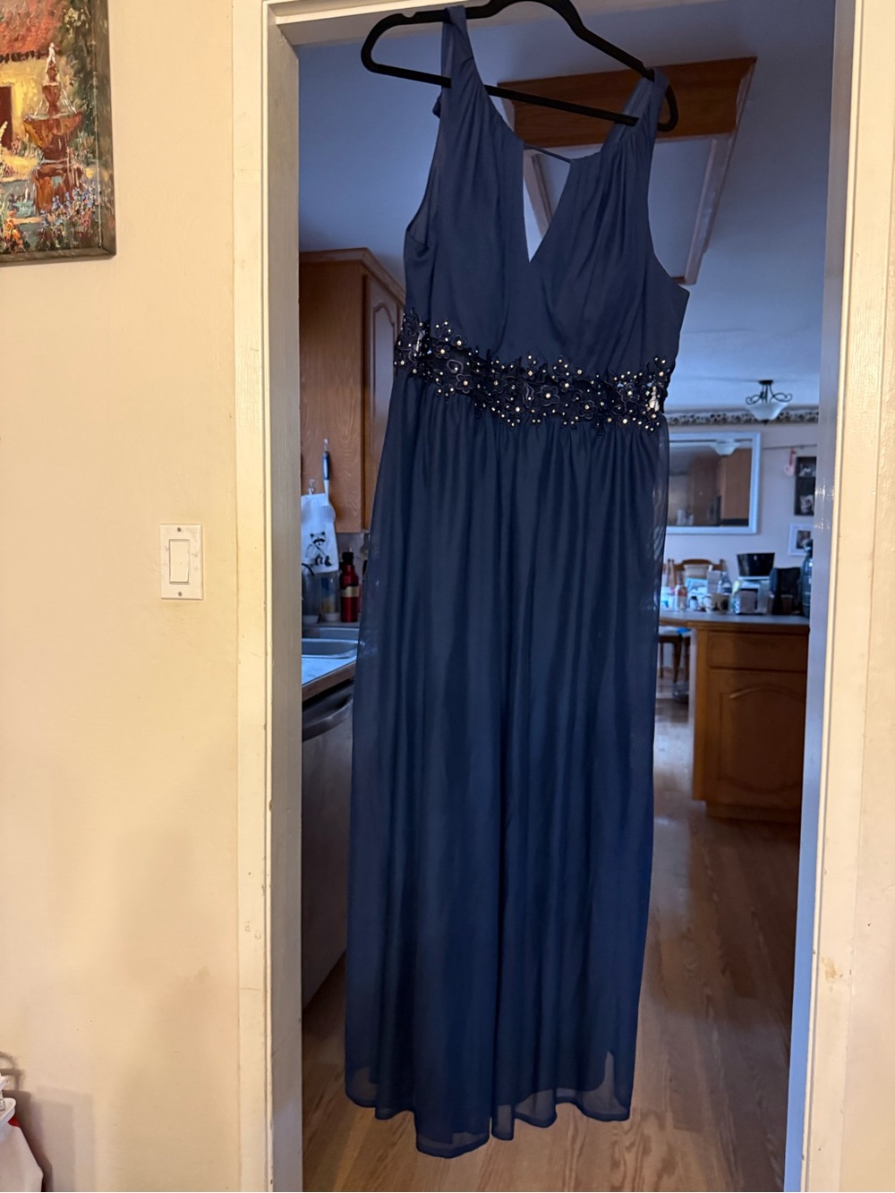 David's Bridal Beaded Navy Chiffon Maxi Dress